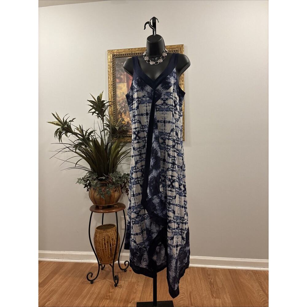 Style & Co Women‎ Shift Long Dress Sz L Strapy Sleeve Stretch Smocked Blue White